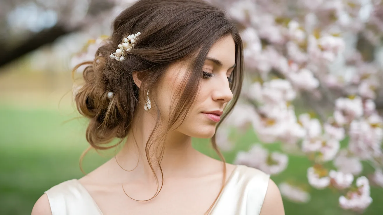 Mariée brune cheveux mi-longs avec chignon bas flou et mèches ondulées encadrant le visage