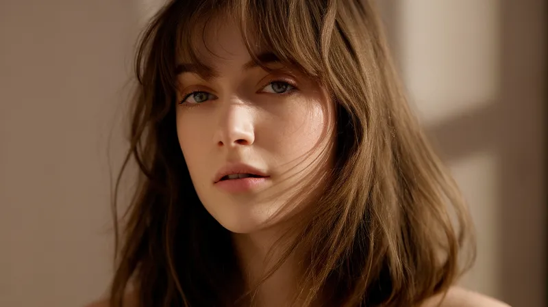 Jeune femme brune aux cheveux mi-longs avec frange rideau encadrant le visage, lumière douce