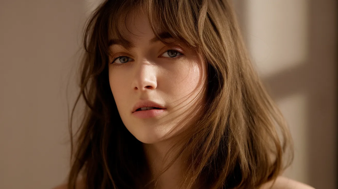 Jeune femme brune aux cheveux mi-longs avec frange rideau encadrant le visage, lumière douce