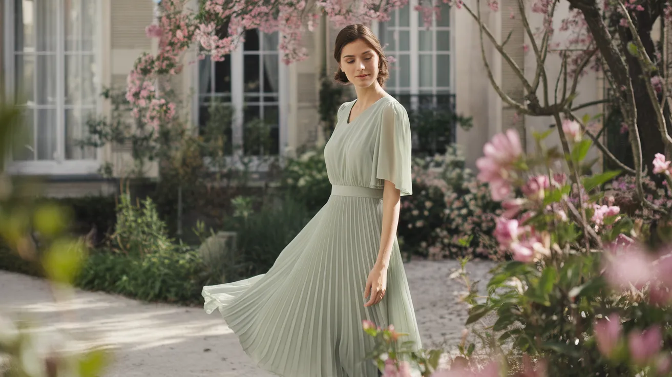 Jeune femme en robe midi vert sauge fluide dans un jardin, invitée à un mariage champêtre