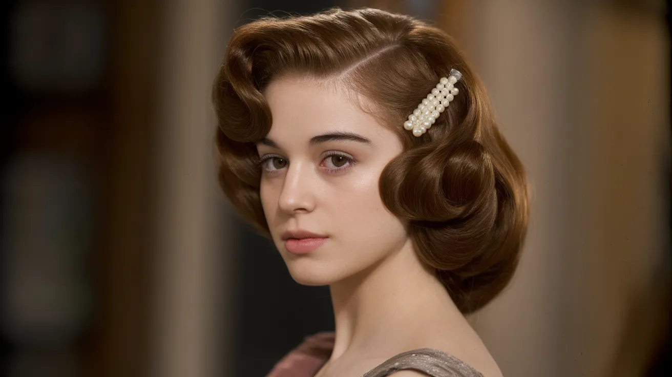 Jeune femme cheveux mi-longs châtains avec grosses boucles souples et accessoire bijou sur le côté