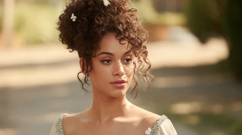 Mariée aux cheveux crépus naturels avec chignon haut volumineux et fleurs blanches