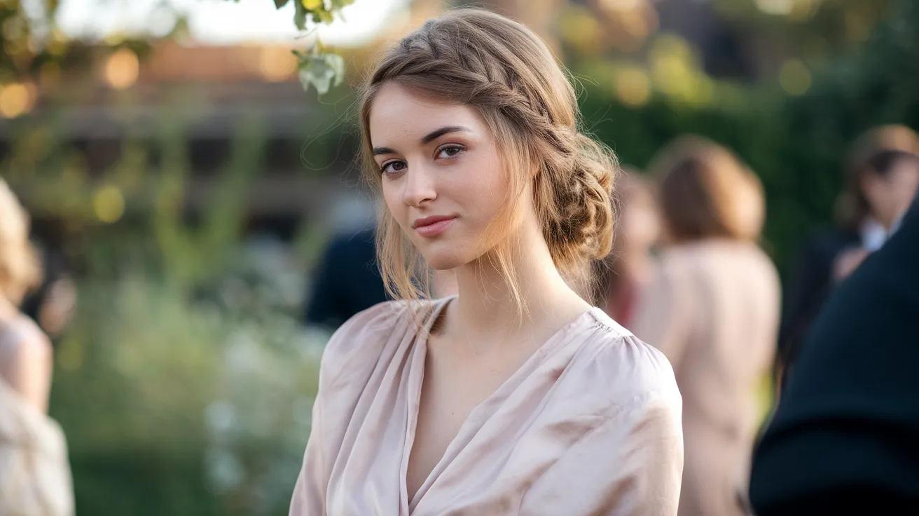 Invitée de mariage brune aux cheveux mi-longs avec demi-attache torsadée et ondulations naturelles