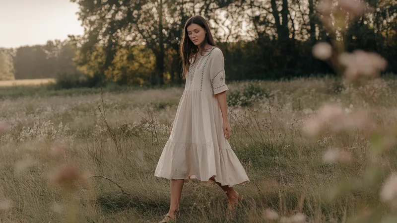Femme en robe bohème longue beige en mousseline dans un champ de fleurs sauvages au printemps