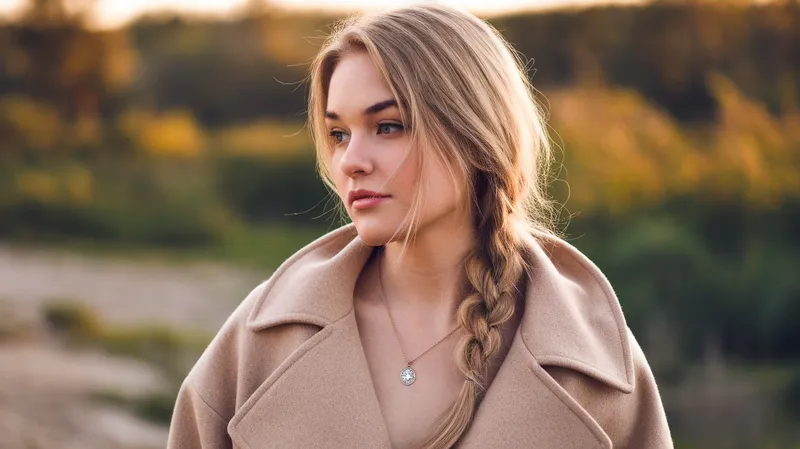 Jeune femme de profil avec une tresse latérale souple sur l épaule, lumière dorée de fin de journée