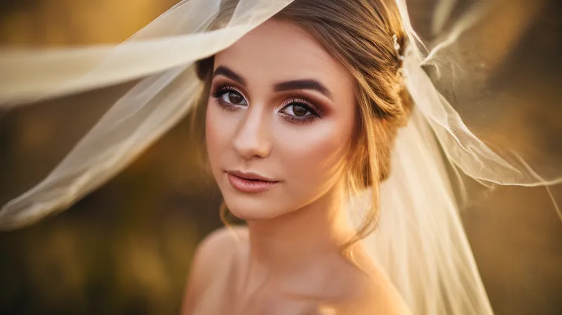 Portrait d une mariée aux yeux marrons avec un maquillage sophistiqué cuivré et doré, lumière douce naturelle