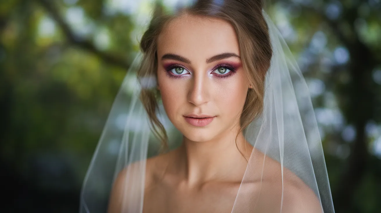 Portrait d une mariée aux yeux verts avec un maquillage prune doux et cils volumineux, lumière naturelle