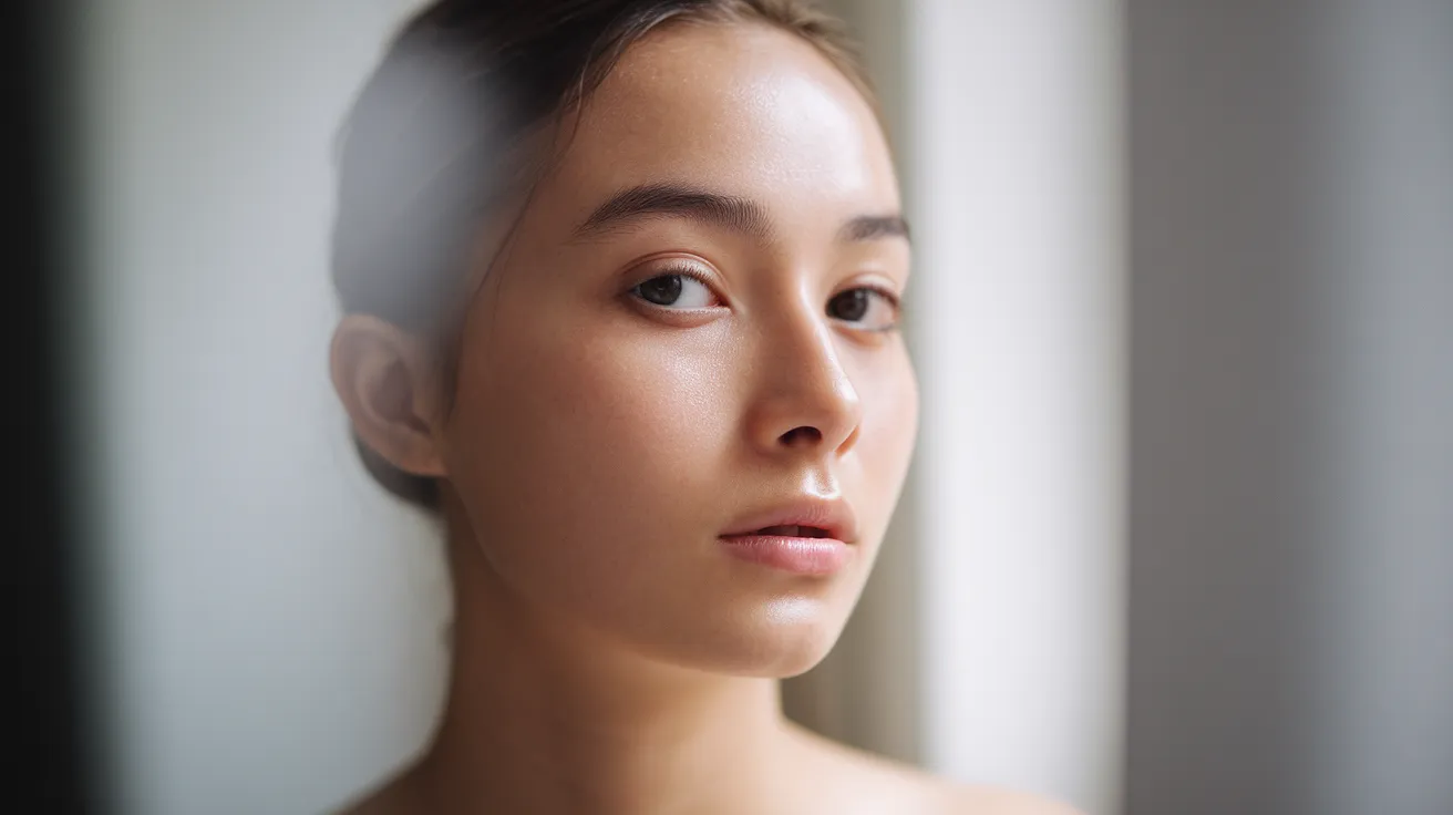 Portrait d une femme de 30 ans avec une peau naturelle éclatante, lumière douce de fenêtre, ambiance skincare