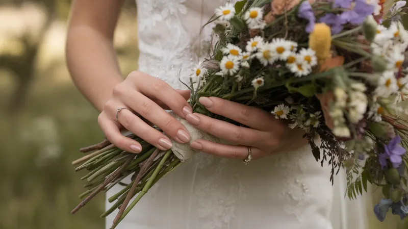 Mains de mariée en gros plan avec manucure semi-permanent nude rosé et petits motifs floraux blancs, tenant un bouquet champêtre