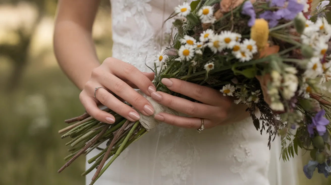 Mains de mariée en gros plan avec manucure semi-permanent nude rosé et petits motifs floraux blancs, tenant un bouquet champêtre