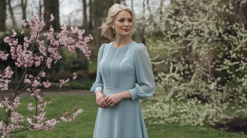 Mère de la mariée en robe midi bleu glacier élégante dans un jardin printanier, lors d’un mariage