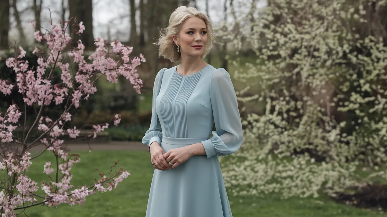 Mère de la mariée en robe midi bleu glacier élégante dans un jardin printanier, lors d’un mariage