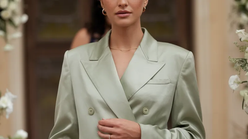 Femme en tailleur vert sauge à veste croisée lors d’un mariage, accessoires or minimalistes