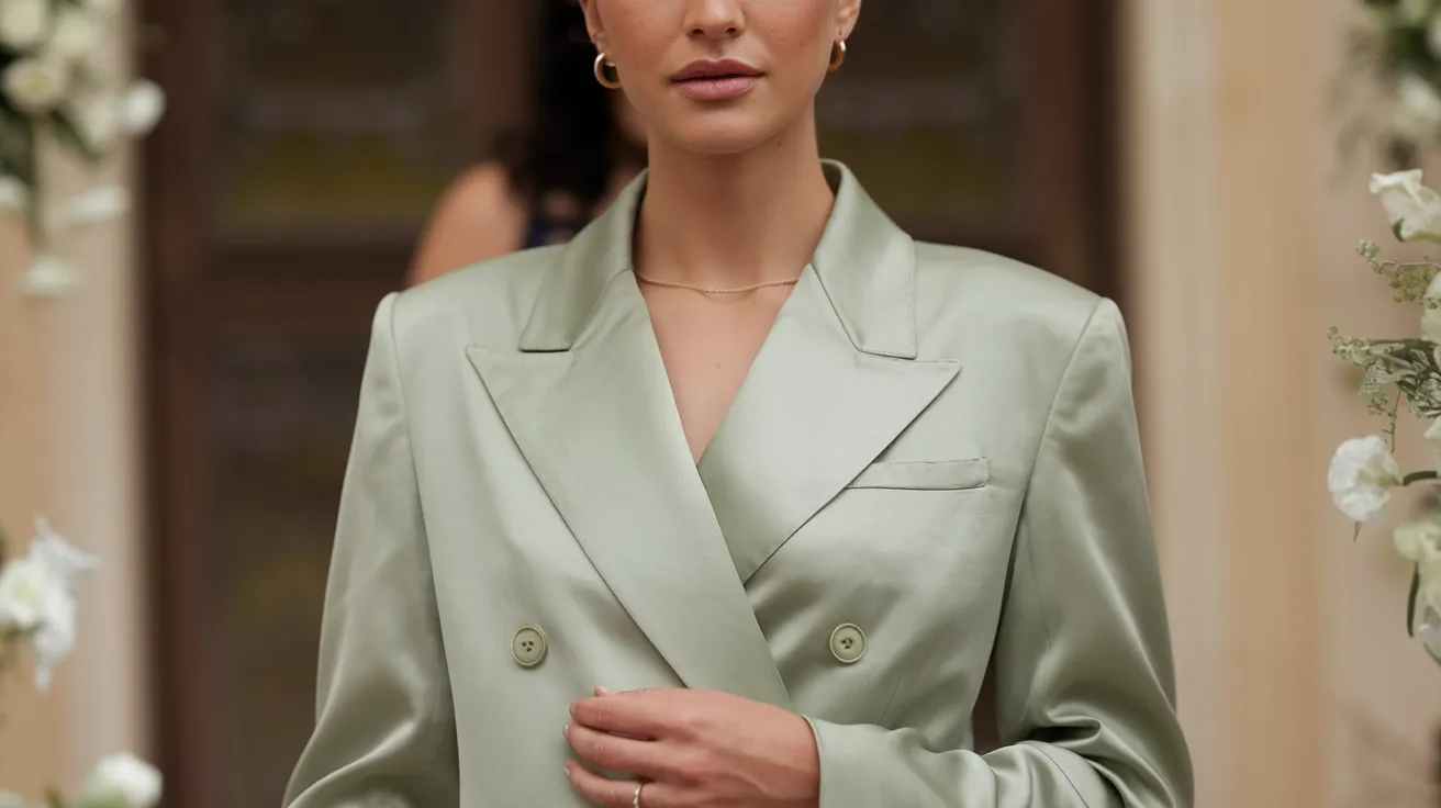 Femme en tailleur vert sauge à veste croisée lors d’un mariage, accessoires or minimalistes