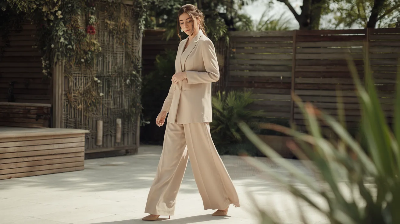 Femme en tailleur pantalon beige doré lors d’un mariage en extérieur, look chic et moderne