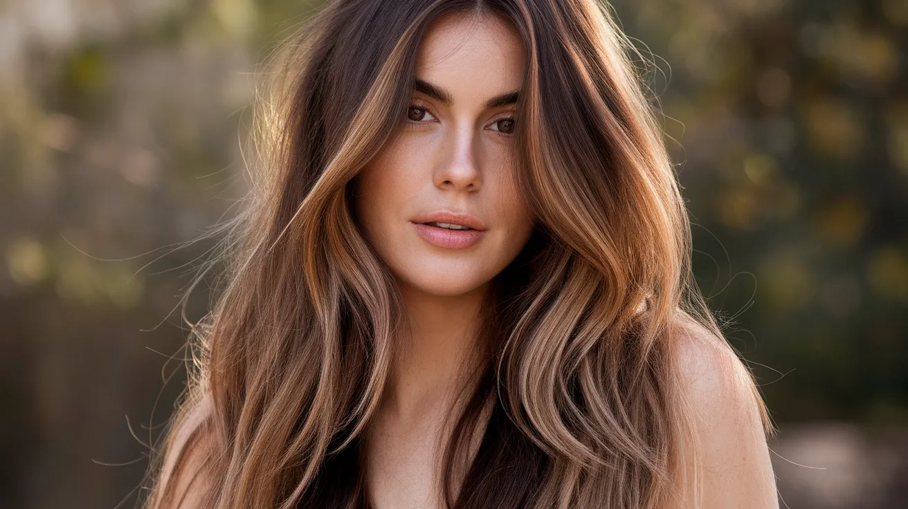 Femme brune avec balayage caramel clair et reflets cuivrés, cheveux longs ondulés, lumière naturelle chaude
