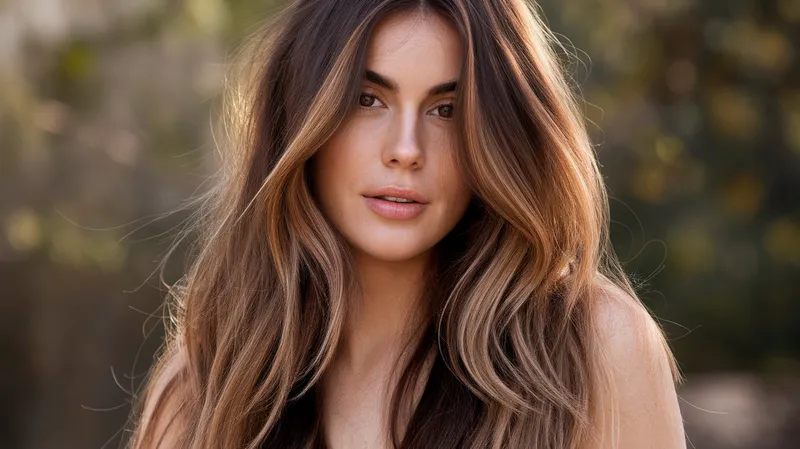 Femme brune avec balayage caramel clair et reflets cuivrés, cheveux longs ondulés, lumière naturelle chaude
