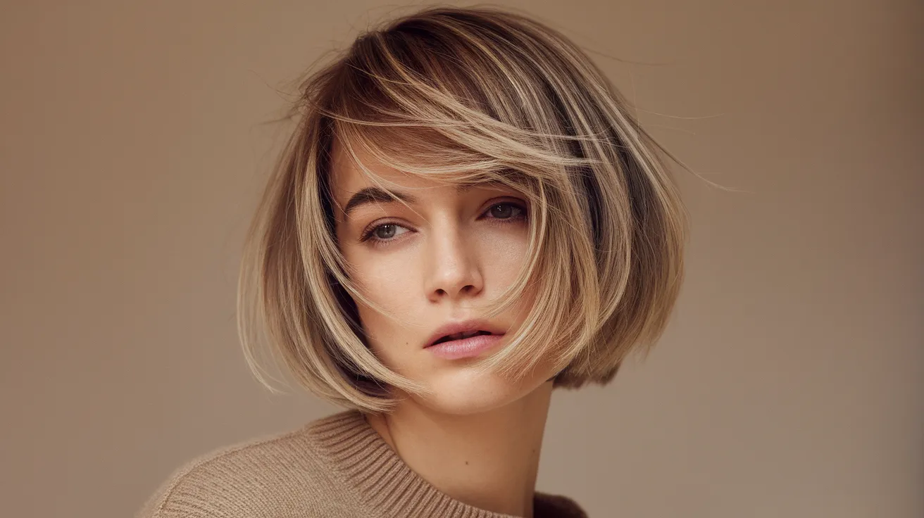 Femme brune avec une coupe courte dégradée moderne, mèches effilées encadrant le visage