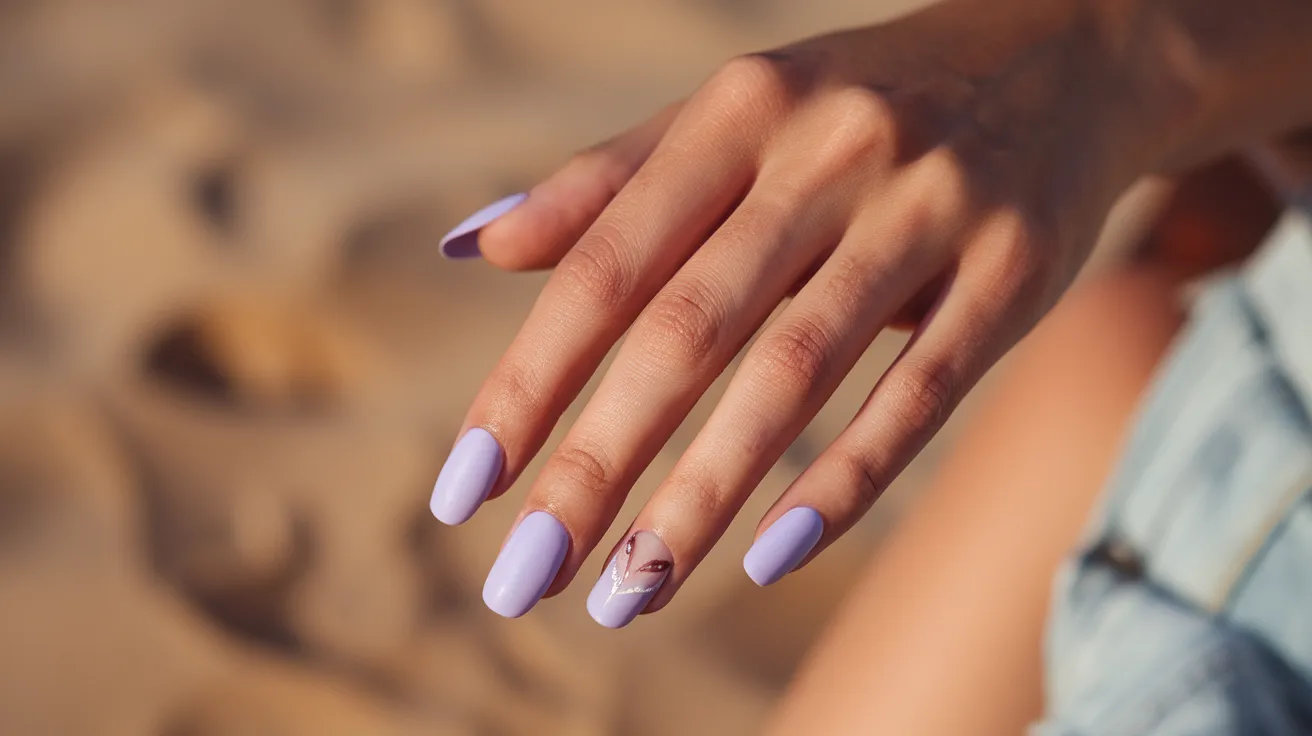 Main féminine avec manucure pastel lilas et nail art minimaliste, ambiance ensoleillée estivale