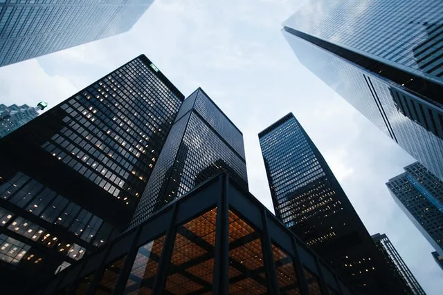 bottom up view of a city with skyscrapers