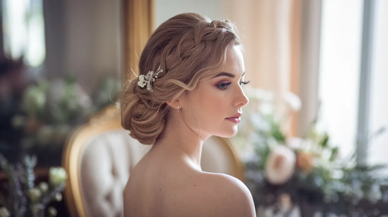 témoin de mariage avec un chignon bas élégant et accessoire fleuri