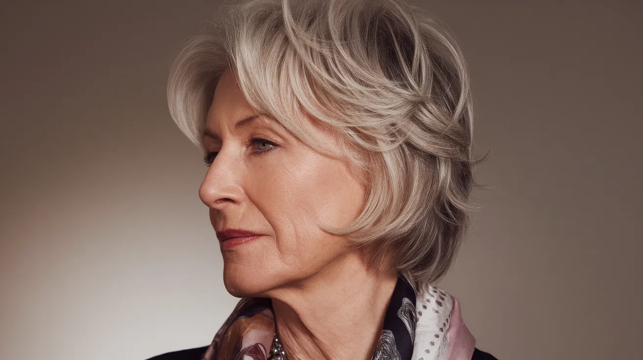 femme de 60 ans avec une coupe courte dégradée élégante