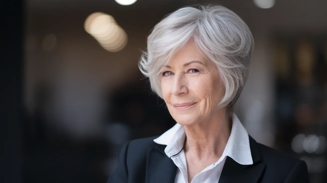 femme de 60 ans souriante avec une coupe courte effilée