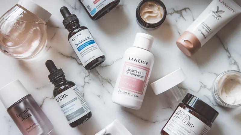 produits de beauté coréens skincare posés sur une étagère en marbre