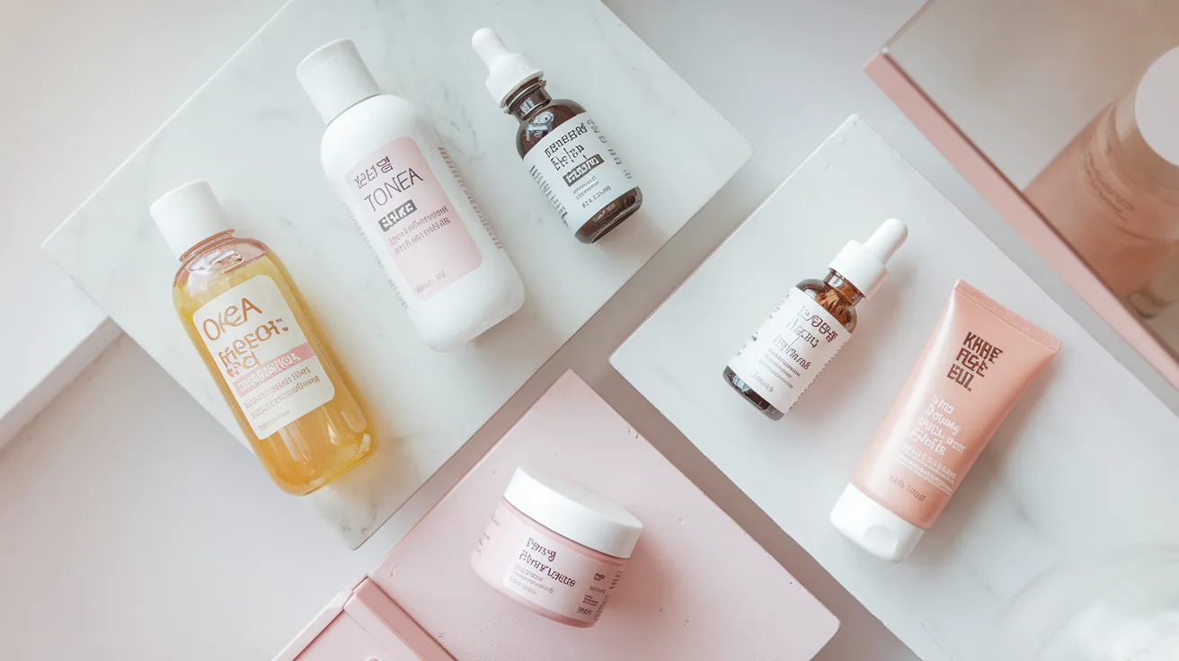 produits de skincare coréen disposés sur un comptoir en marbre