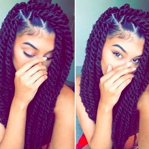 two image of a woman with her hair in marley twists swept to one side 
