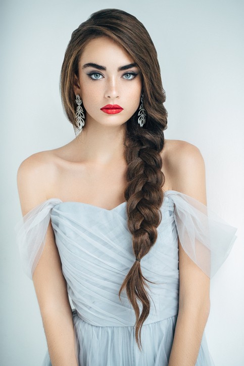 side braid long brown hair bridal