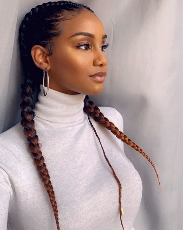 Femme avec de longues doubles tresses hollandaises sur des cheveux bruns d'ombre