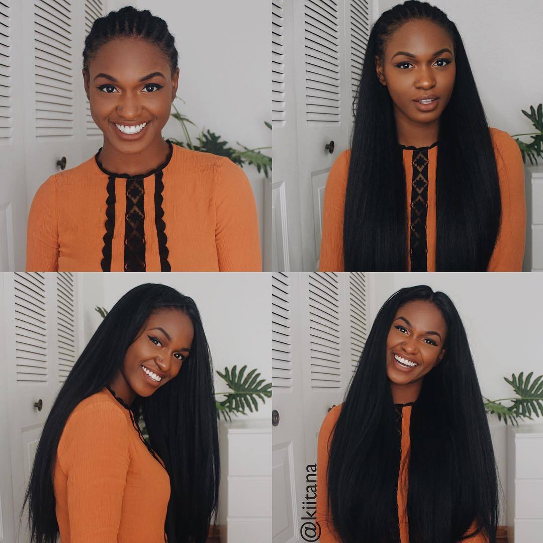femme montrant l'avant et l'après style de tresse au crochet droit