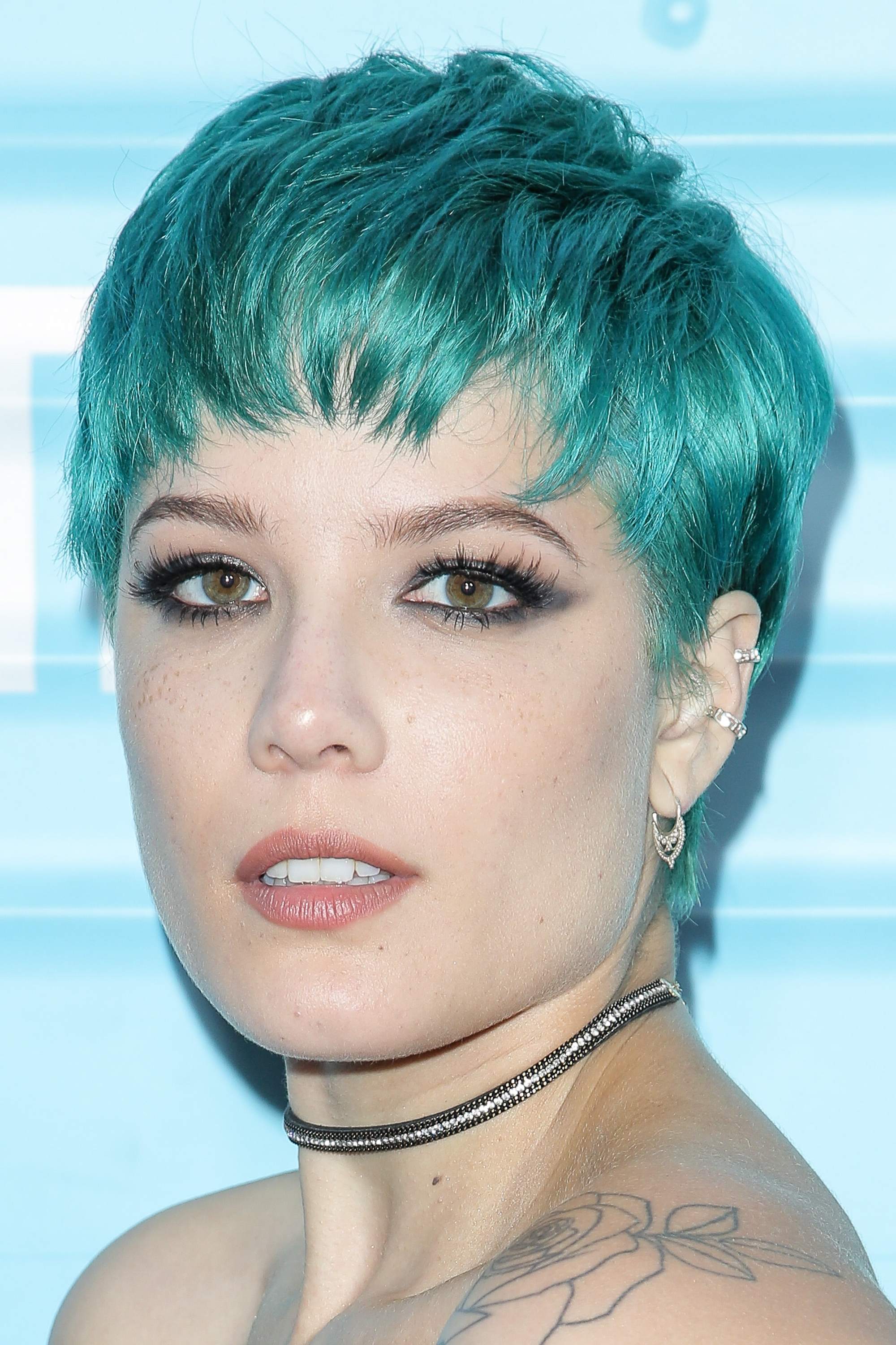 halsey blue green pixie cut 