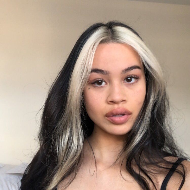Femme aux cheveux ondulés brun foncé avec des cheveux de fille gris argenté