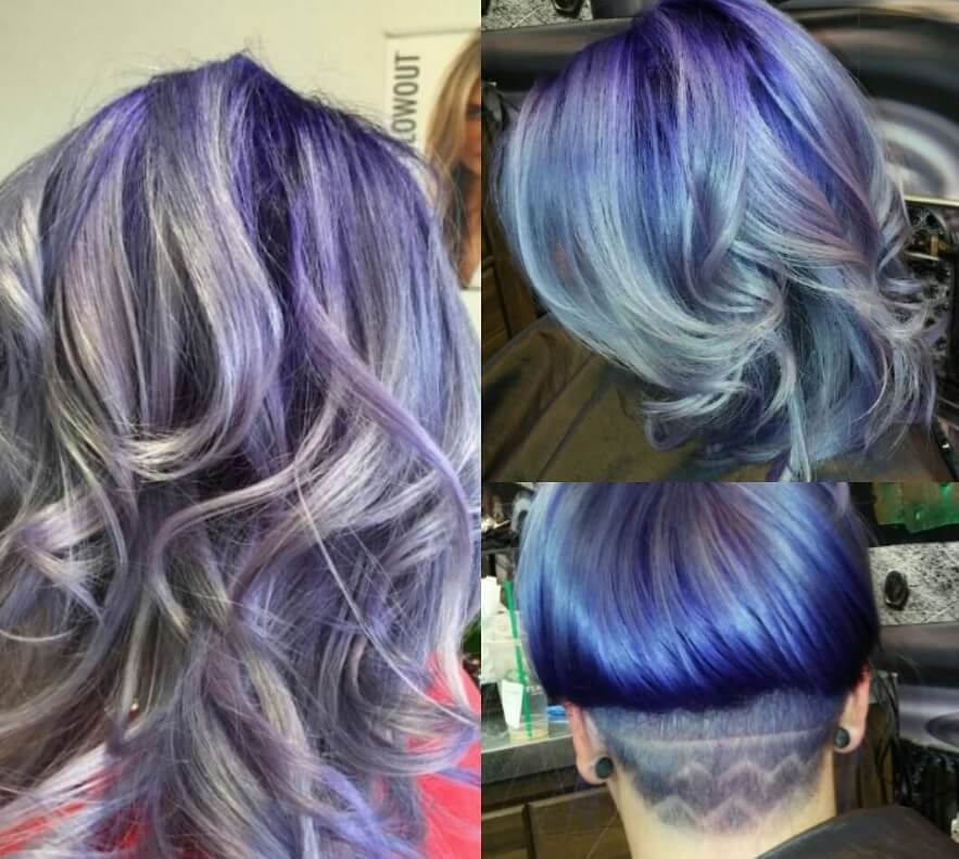 femme avec un style ombre violet avec une sous-coupe à motifs