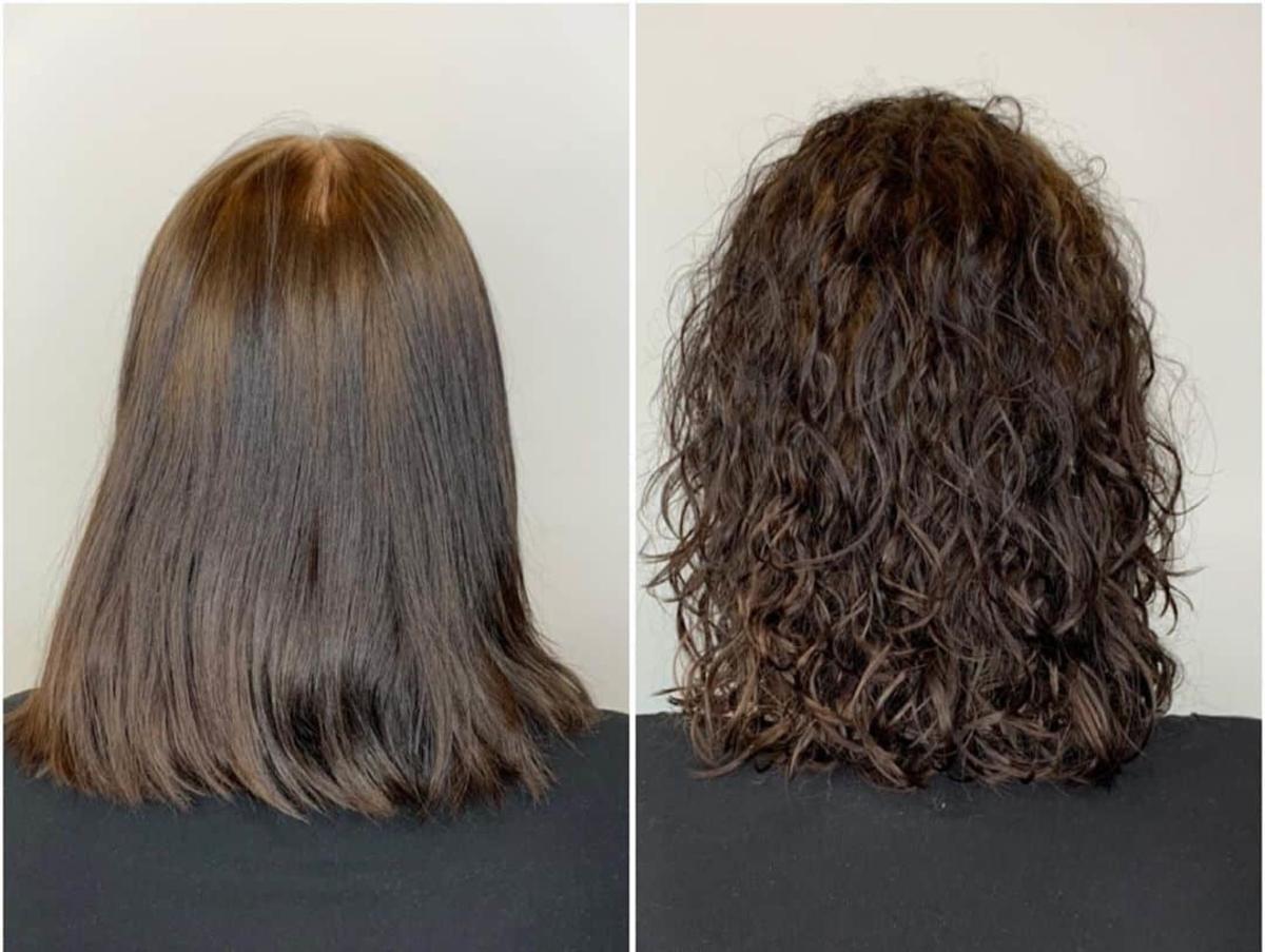 cheveux ondulés permanentés avant et après
