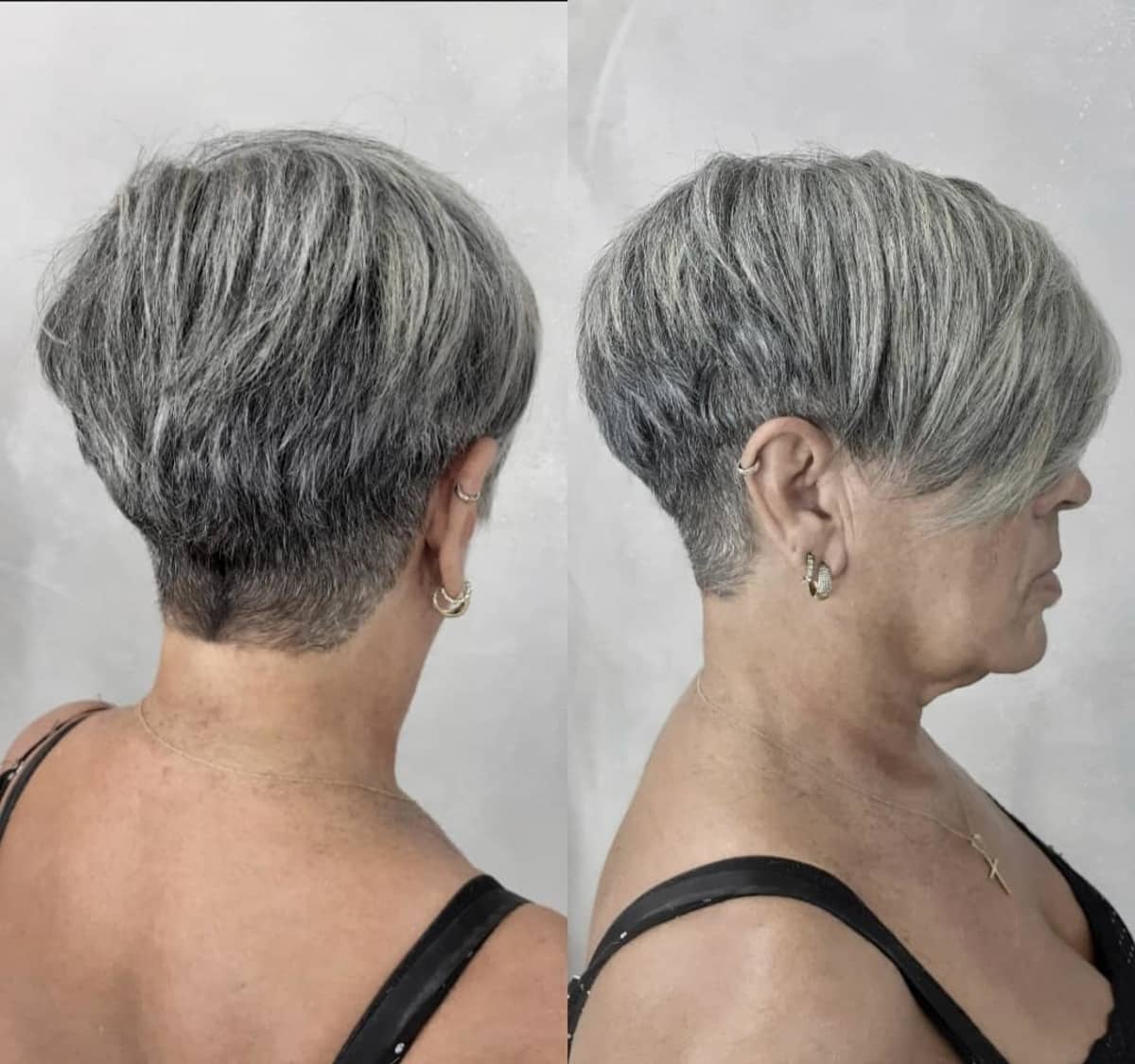 Coupe courte pixie sel et poivre pour les femmes vieillissantes.