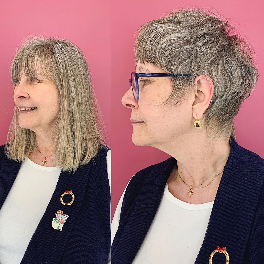 coupe de cheveux à poils longs sel et poivre plus de 50 ans et cheveux fins