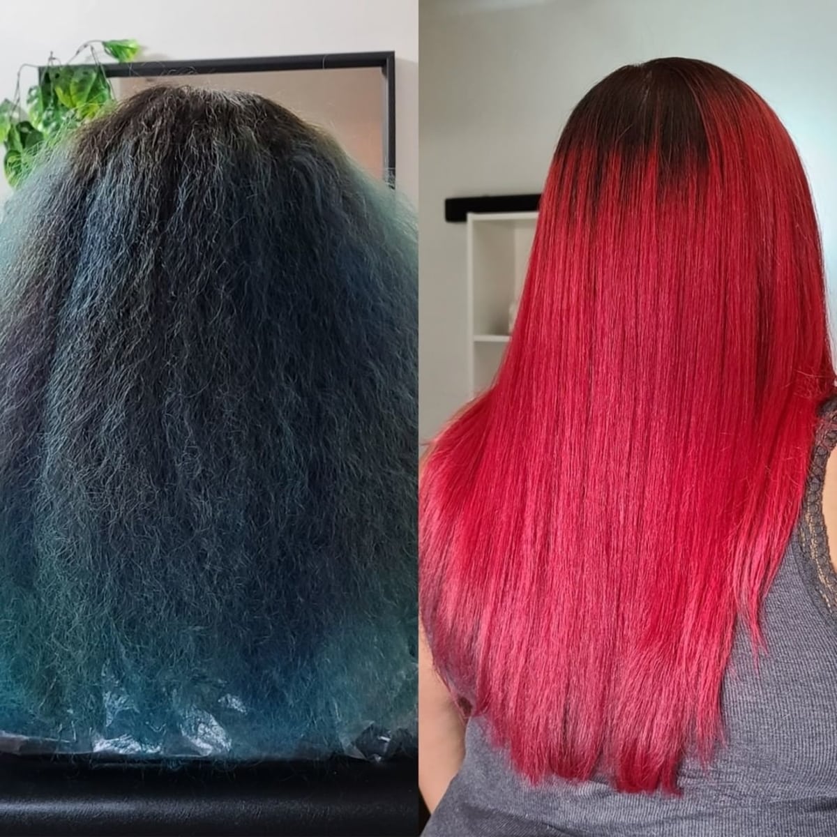 Rouge vif avant et après la transformation des cheveux