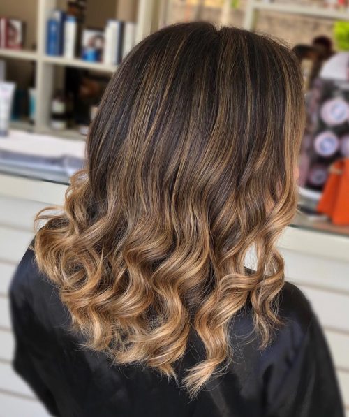 Cheveux blond caramel avec des mèches