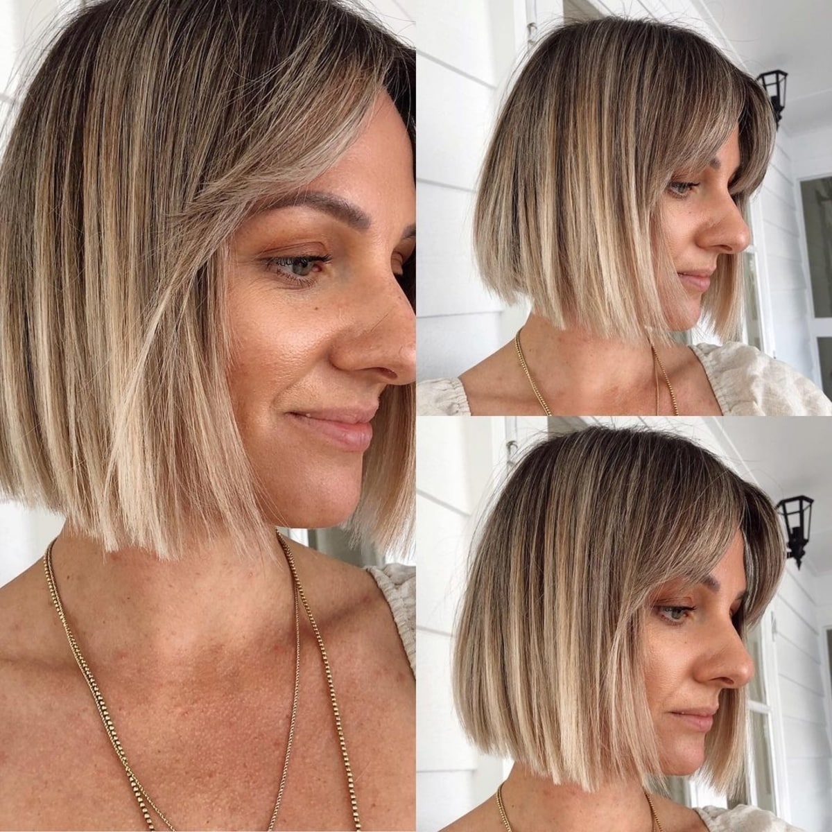 Coupe de cheveux droite avec franges en rideau.