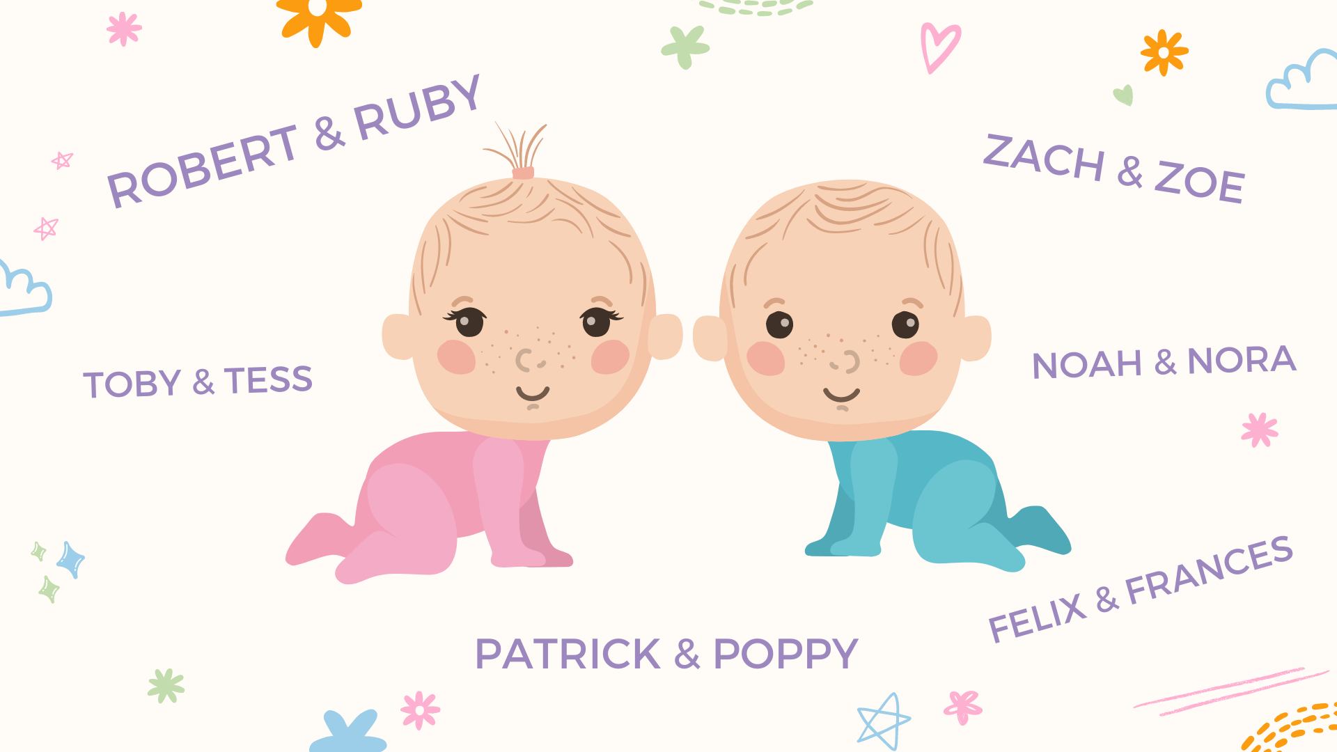 un collage de noms de jumeaux, filles et garçons, pour bébés