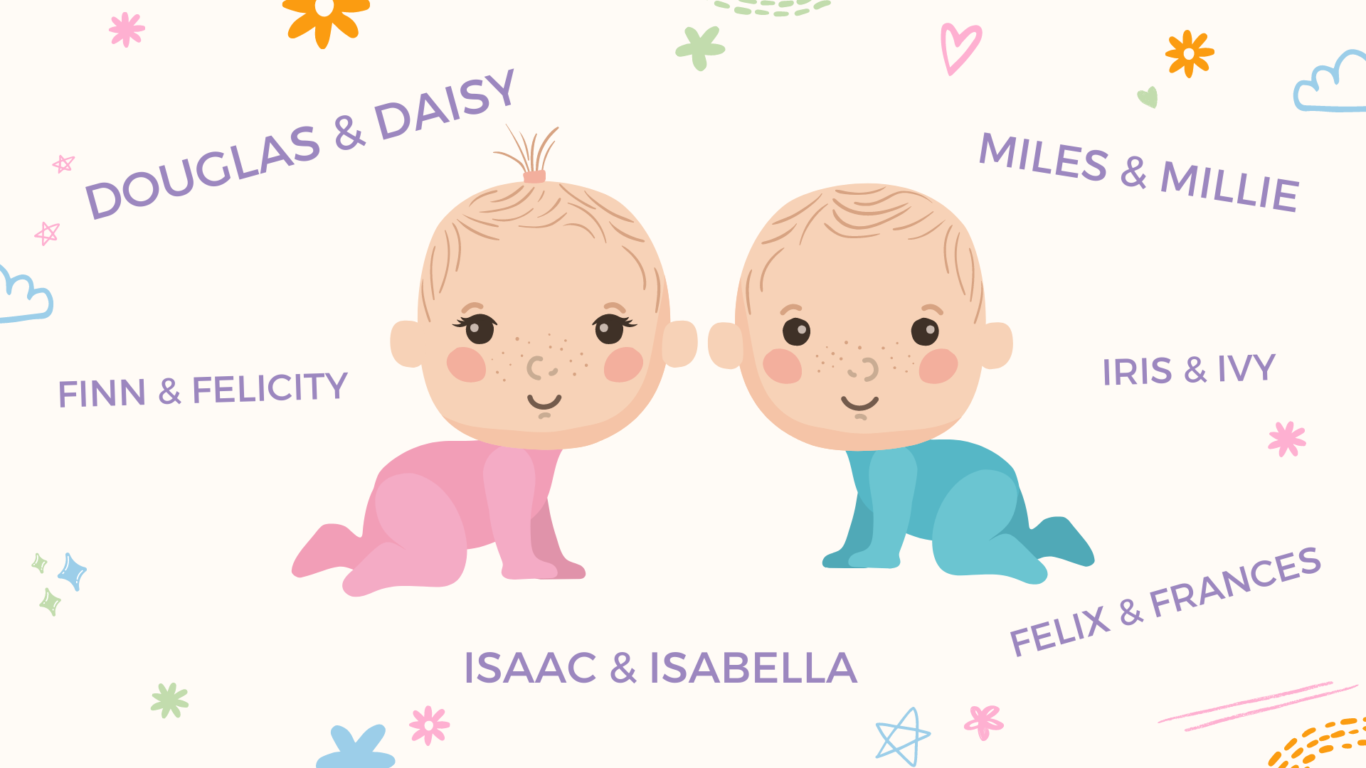 un collage de noms de jumeaux, filles et garçons, pour bébés