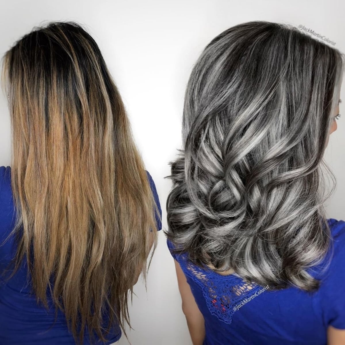 Mèches poivre et sel sur cheveux foncés - coiffure