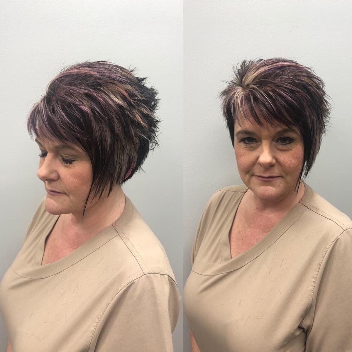 Coupe asymétrique courte, insolente et dégradée pour les femmes de 60 ans et plus.