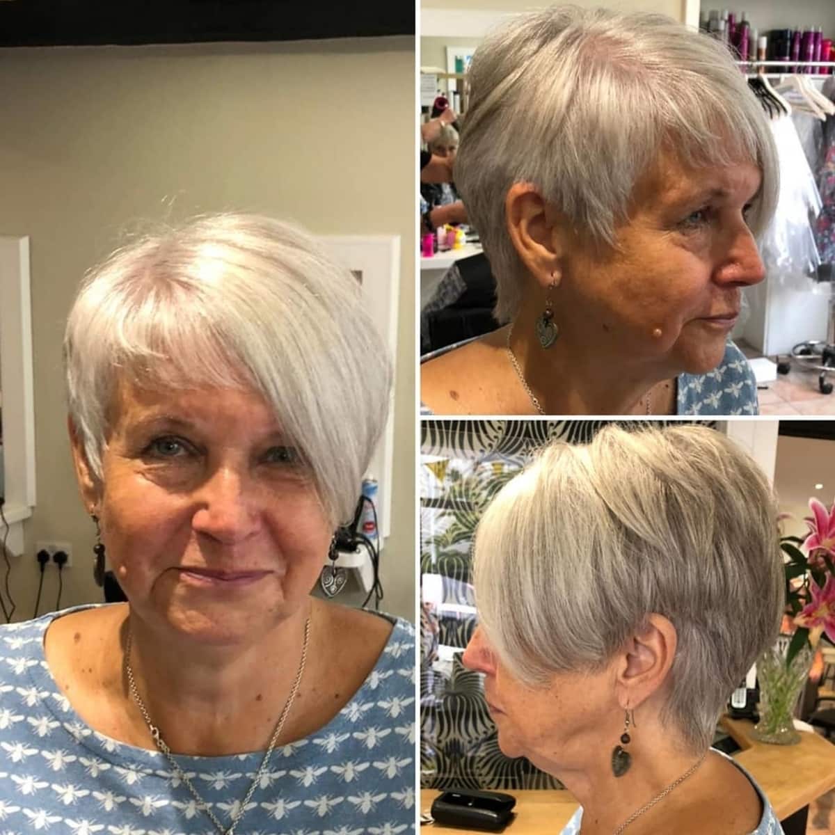 Coupe de cheveux asymétrique et dégradée pour les femmes de 60 ans aux cheveux fins