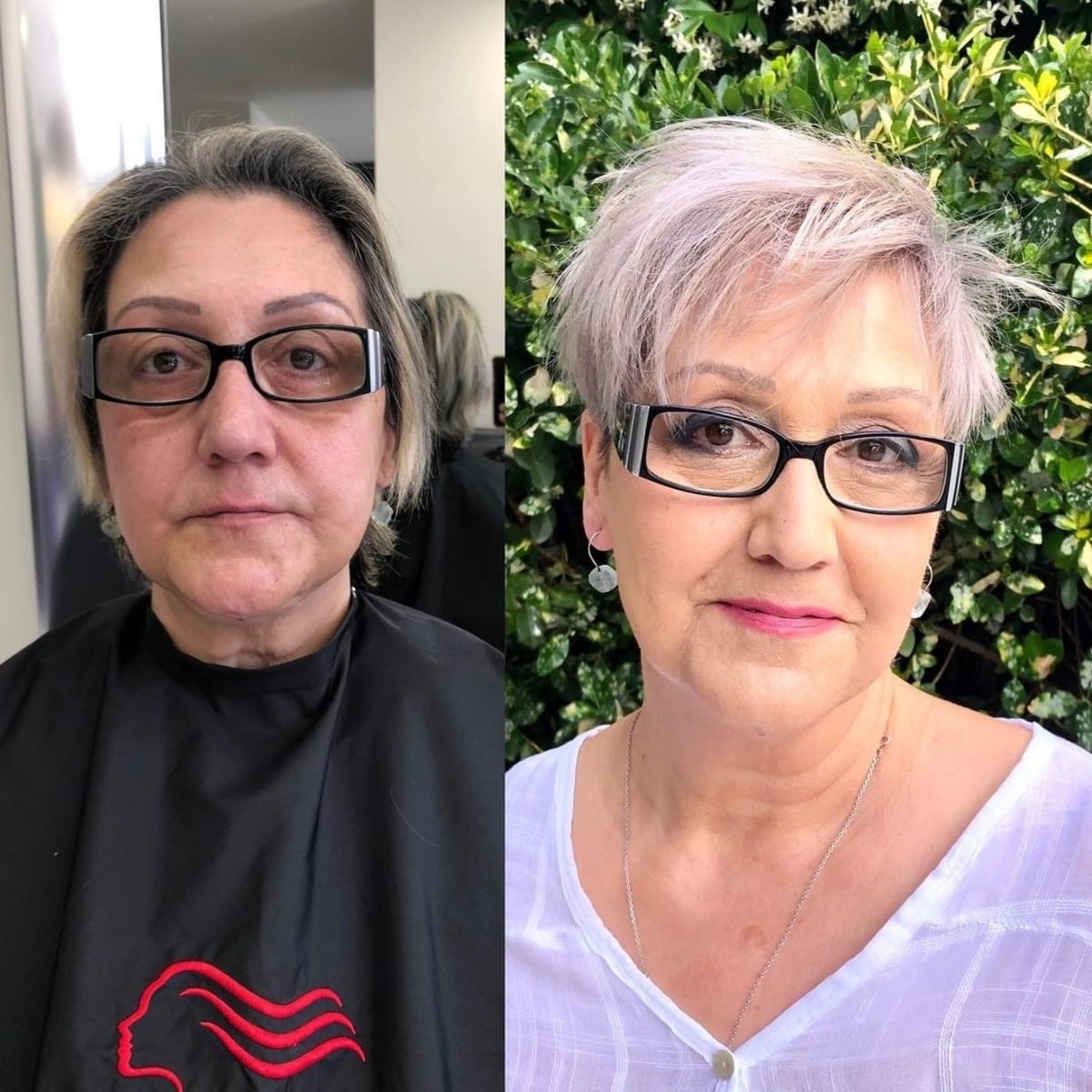 Une femme d'une soixantaine d'années avec une métamorphose en pixie hirsute.