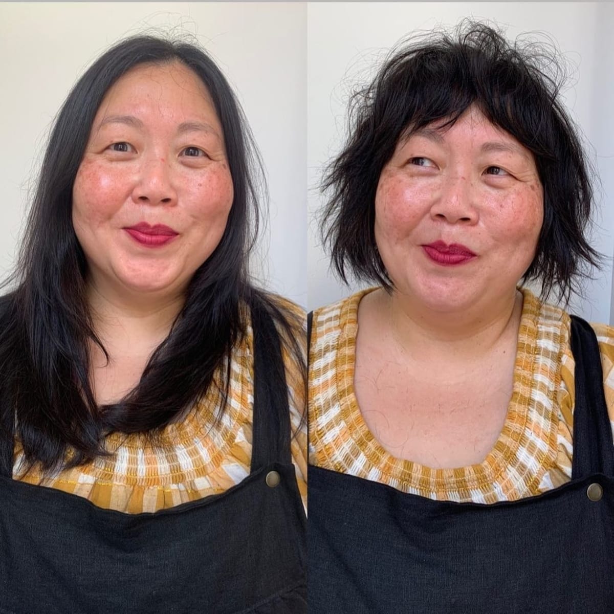 Coiffure pour les vieilles dames avec une frange et une coupe courte en dégradé.
