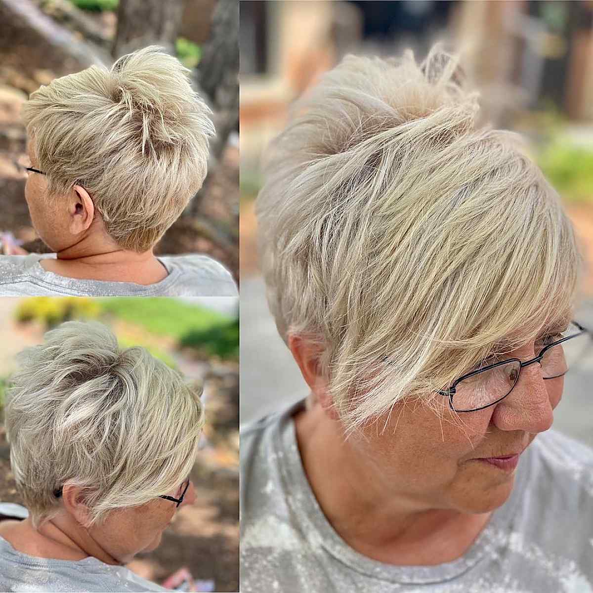 Femme âgée avec une pixie sous-coupée avec une frange.